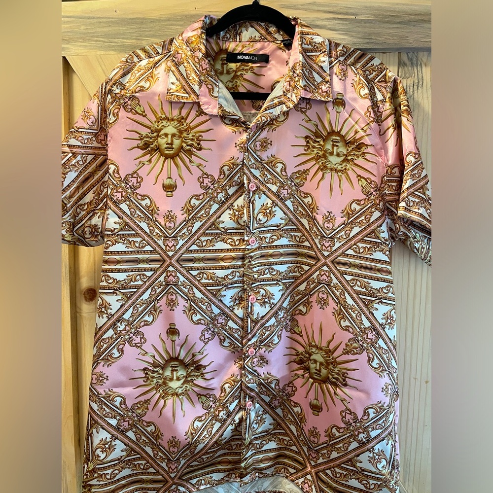 Large Pink and gold graphic button up